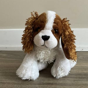 Puede incluir: Un perro de peluche marrón y blanco con orejas caídas. El perro tiene una cara blanca con ojos marrones y una nariz negra.