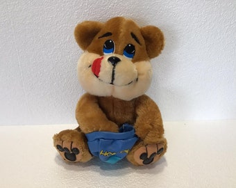 Vintage 1997 Play By Play 10” Stuffed Brown Honey Bear Plush Toy Blue Eyes & Jar.