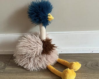 Puede incluir: Un peluche de avestruz con una cabeza azul y plumosa, un pico amarillo y un cuello beige. El cuerpo es una mezcla de pelaje rosa y marrón, con patas y pies amarillos. El juguete está diseñado para sentarse sobre una superficie.