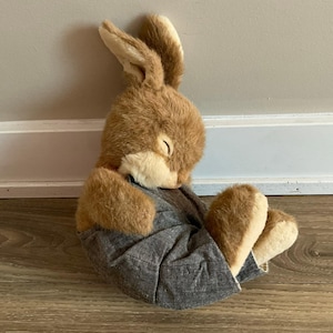 Vintage Gemini Toys Sofftees Sleeping Bunny Plush, Rare Stuffed Rabbit Grey Overalls Orange Straps 11"