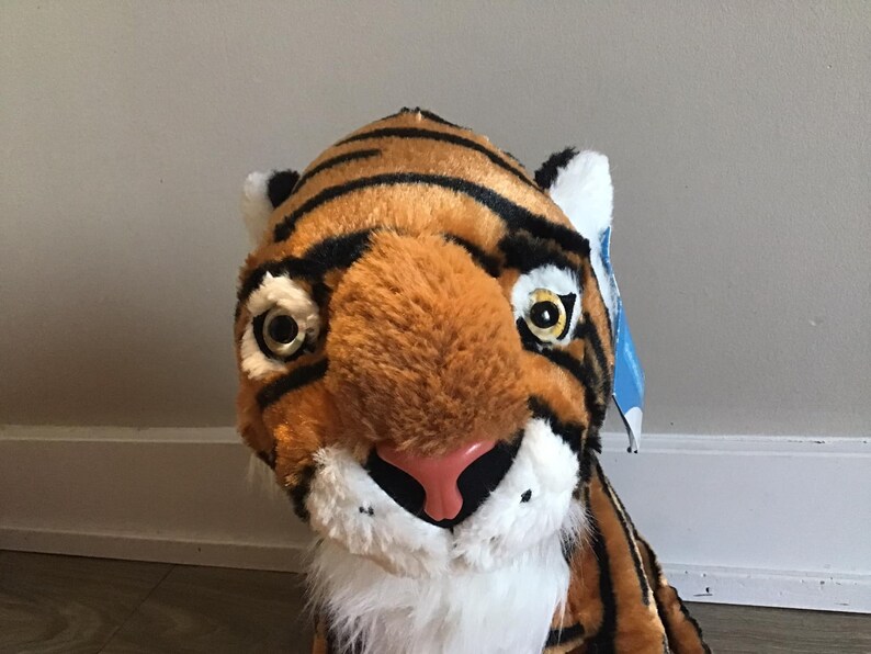 May include: A plush tiger toy with orange and black stripes, white fur around the face, and black eyes with yellow pupils.