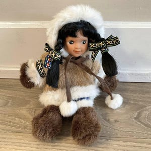 Vintage Eskimo Girl Doll, Faux Fur Coat, Arctic Circle, Alaska