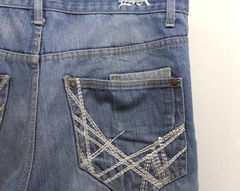Brooklyn Xpress Mens Baggy Denim Shorts Blue Embroidered Wide Leg Y2K Size 34