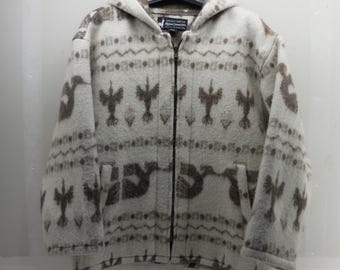 Alpaca Connection Wool Hooded Jacket Large Brown Cream Southwestern Zip Up Bird