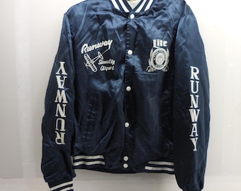 Vintage Miller Lite Beer Sioux City Airport Runway Satin Bomber Jacket Navy Blue