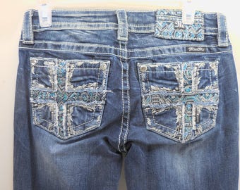 Jean skinny Miss Me 27 pour femme taille mi-haute avec poches croisées embellies Bleu MP8754S
