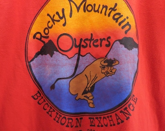 Vintage 80er Jahre Russel Athletic Rocky Mountain Oysters Buckhorn Börse T-Shirt M
