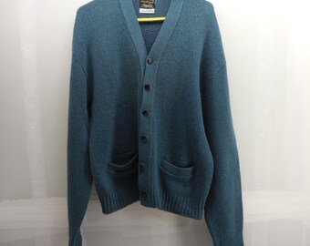 Vintage Campus Shetland Wool Cardigan Sweater Mens Blue 60s 70s USA 100% Wool