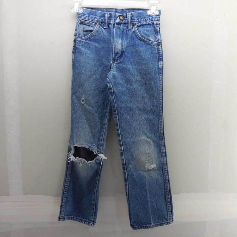 Vintage Wrangler Youth Jeans 10 Regular Tillverkade i USA Blå Thrashed 22x23 595BSWR bild 5