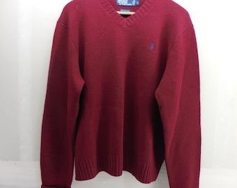 Polo Ralph Lauren Herren Pullover aus 100% Lammwolle mit V-Ausschnitt in Burgund, Größe L, Blaues Pony