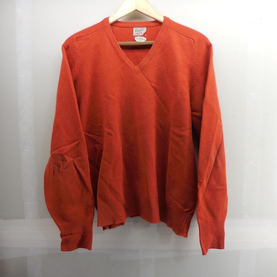 Alan Paine, Vintage Alan Paine England Pure Lambswool V-Neck Sweater Orange Mens 42