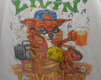 Vintage Livin La Vida Loca Party Chihuahua Graphic T-Shirt White Medium 90s 80s