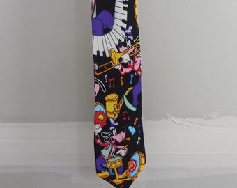 Vintage Disney Mickey & Co Goofy Musical Silk Tie Balancine Inc Black Multi