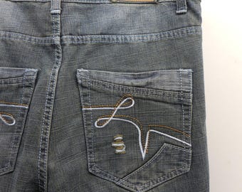 Indigo 30 Mens Baggy Denim Shorts Y2K Hip Hop Dark Wash Embroidered Size 34