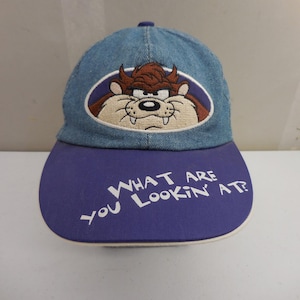 VTG 1998 Looney Tunes Taz Tasmanian Devil Denim Hat z fioletowym rondem i snapbackiem