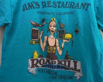 Vintage Hanes Jims Restaurant Roadkill Grill & Menu T-Shirt Teal Medium USA Made