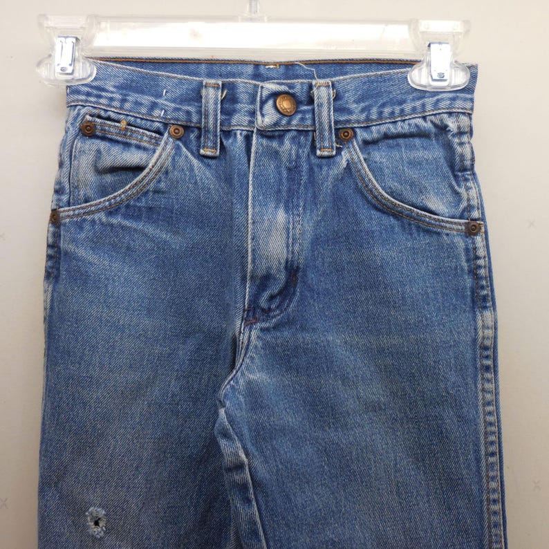 Vintage Wrangler Youth Jeans 10 Regular Tillverkade i USA Blå Thrashed 22x23 595BSWR bild 7