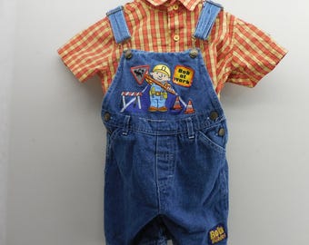 VTG Bob the Builder Boys 3T Denim Overalls & Plaid Shirt 2 Piece Set Blue Orange