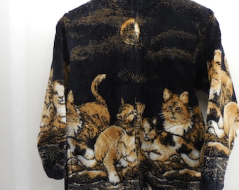 Mazmania Vintage Cat Full Moon Deep Fleece Jacket Zip Up Black USA Made L 10/12