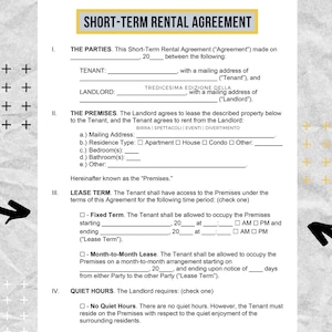 Short term Rental Agreement -Vacation Rental agreements - Short term Rental Template - Short term rental contract lease - Landlord contract