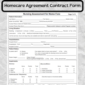 Homecare Agreement Contract Form - Home Health Care Evaluation Form - Nursing Assessment for Home Care