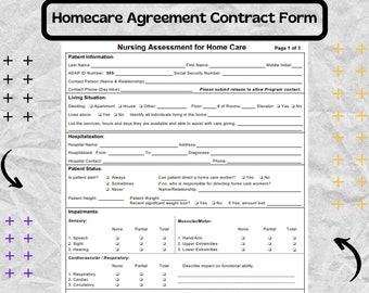 Homecare Agreement Contract Form - Home Health Care Evaluation Form - Nursing Assessment for Home Care