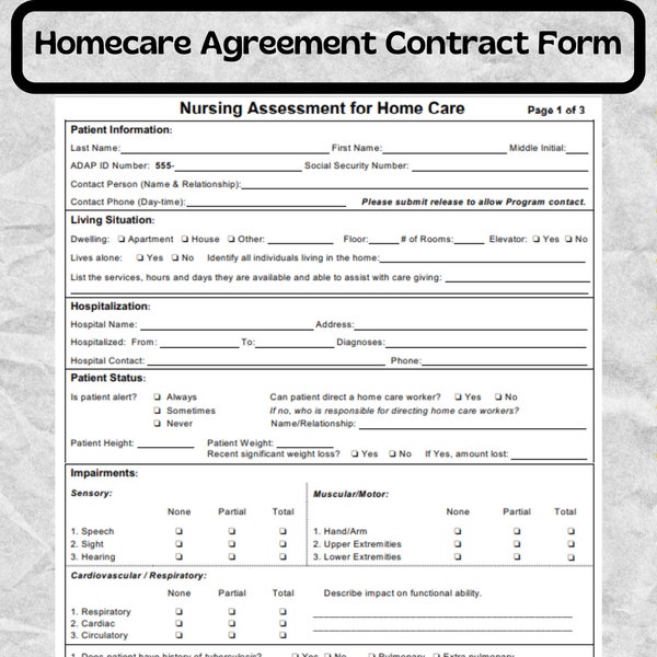Homecare Agreement Contract Form - Home Health Care Evaluation Form - Nursing Assessment for Home Care