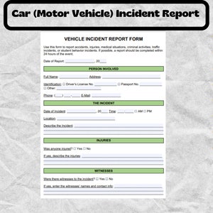 Vehicle Incident Report - Vehicle Incident Report forms - Car (Motor Vehicle) Incident Report Template - Editable pdf