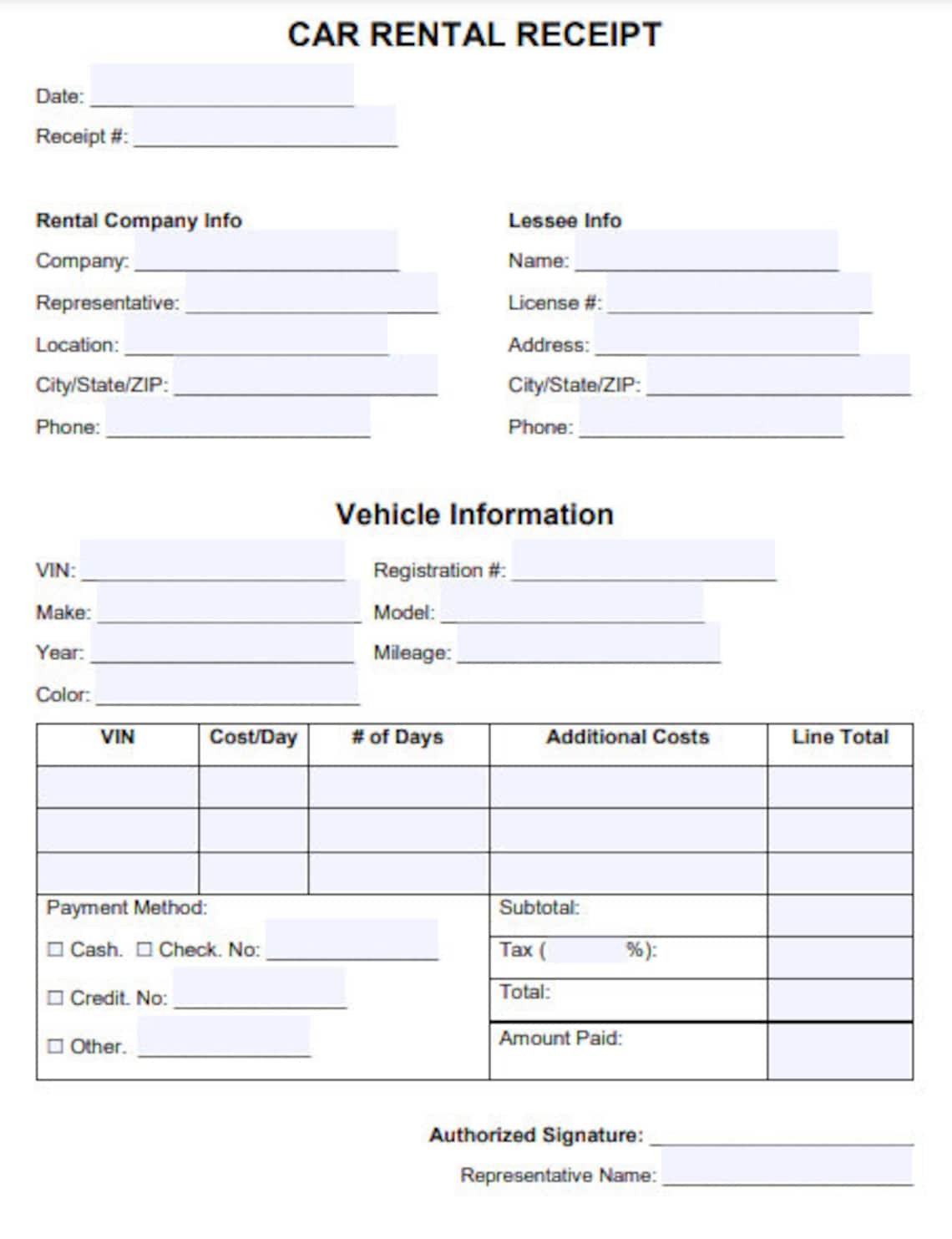 Car Rental Receipt Car Rental Receipt Template Car Rental Receipt Form Etsy