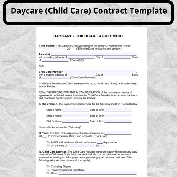 Child Care Contract Template - Etsy
