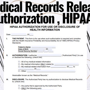 Medical Records Release Authorization, Hippa, Hippa forms, Hippa template, Medical Records Release Authorization Form Hippa