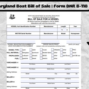 Maryland Boat Bill of Sale , Form DNR B-118 Template , Maryland Boat Bill of Sale form , bill of sale for a vessel