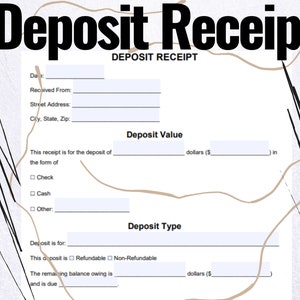Deposit Receipt - Deposit Receipt form - Deposit Receipt Template -MS Editable Word