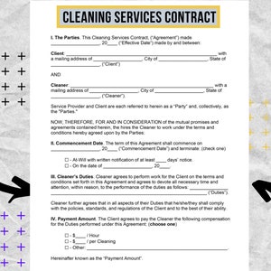 Cleaning services agreement - Cleaning services contract - Commercial , Residential cleaning agreements -Editable pdf files