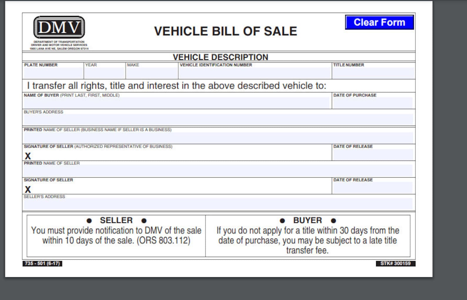 Oregon dmv bill of sale form printable