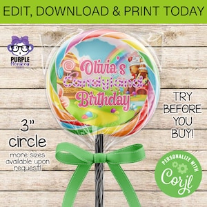 Candyland Lollipop Sticker Label| Candy Land Birthday Party| Instant Download | Editable | You Edit| Printing Service Available