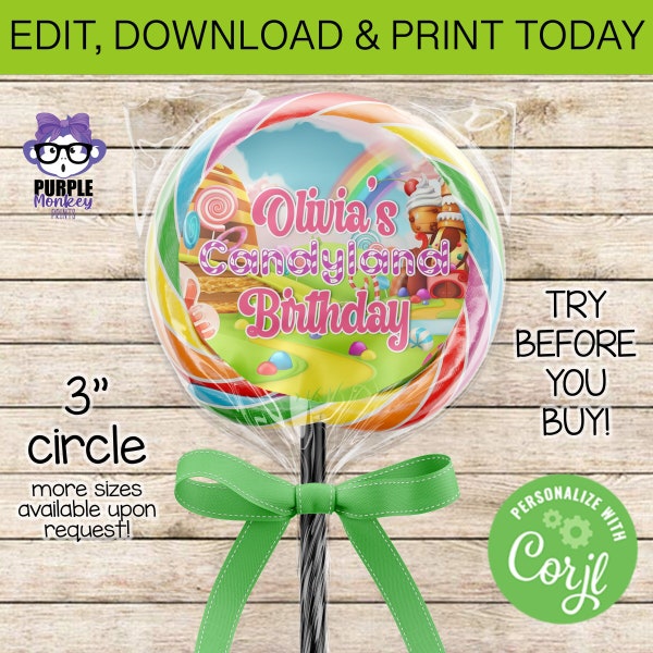 Candyland Lollipop Sticker Label| Candy Land Birthday Party| Instant Download | Editable | You Edit| Printing Service Available