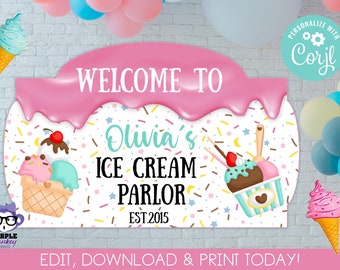 Editable Ice Cream Birthday Welcome Parlor Sign | Instant Download | Editable | You Edit