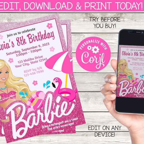 Pink Doll | Pool Party | Birthday Party Digital Invitation | Instant Download | Editable | You Edit| Printing Service Available