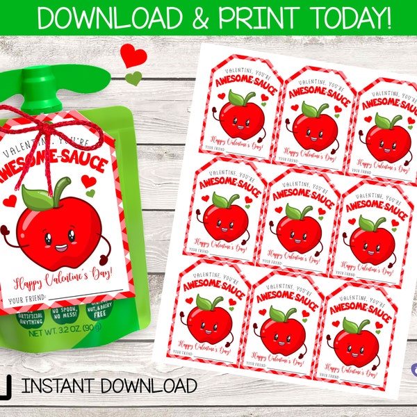 Valentine, You're Awesome Sauce | Valentine's Day | Apple Sauce Tag| Instant Download | Not personalized or editable