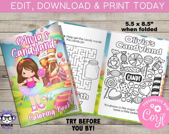 Candyland Digital Birthday Coloring Book  | Candy Land | Party Favor | Instant Download | Editable | You Edit| Printing Service Available