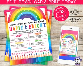 Teacher Appreciation Week Schedule Itinerary | Staff Appreciation Week | Rainbow Flyer | Instant Download | Editable | You Edit