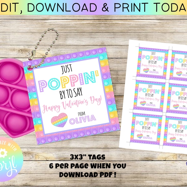 Valentine Just Poppin' by to say Happy Valentine's Day Pastel| Pop It | Instant Download | Editable | You Edit| Printing Service Available