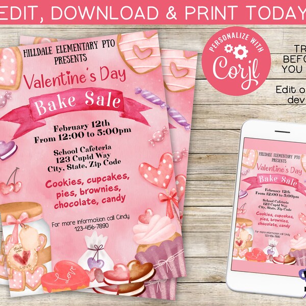 Valentine's Day Bake Sale | School Flyer | School Valentine Bake | Instant Download | Editable | You Edit