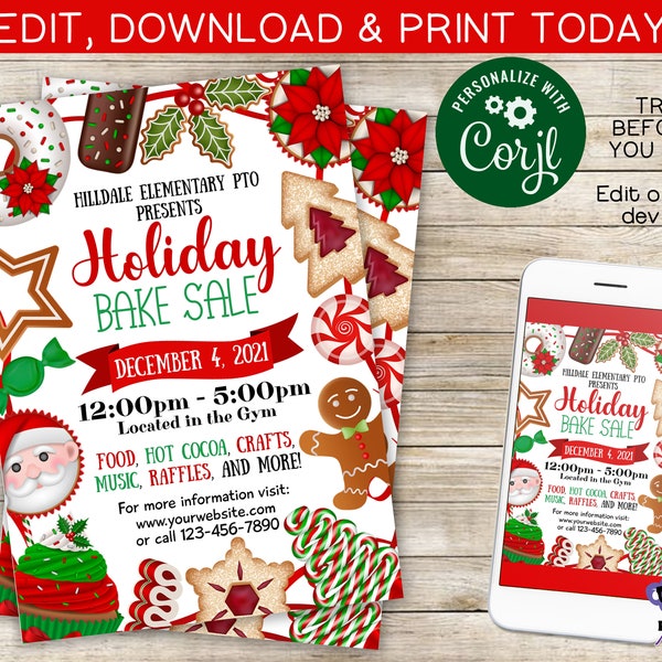 School Holiday Bake Sale Fundraiser | Christmas Fundraiser | Digital Invitation | You Edit | Instant Download| Printing Service Available