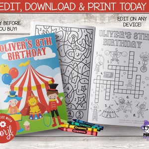 Circus Carnival Coloring Book  | Circus Birthday | Party Favor | Instant Download | Editable | You Edit| Printing Service Available