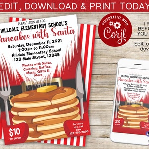 Pancake con Babbo Natale / Colazione con Babbo Natale / Invito digitale / Tu modifica / Download immediato / Servizio di stampa disponibile