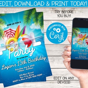 Pool Party Birthday/Graduation Digital Invitation | Instant Download | Editable | You Edit