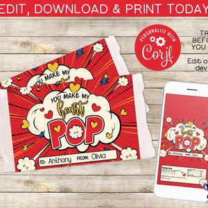 Valentine You Make My Heart Pop | Popcorn Wrapper Label | Instant Download | Editable | You Edit