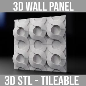 May include: A 3D printable wall panel design with a repeating pattern of interlocking circles and curves. The panel is tileable, meaning you can use multiple panels to create a larger design. The design is rendered in a light gray color.